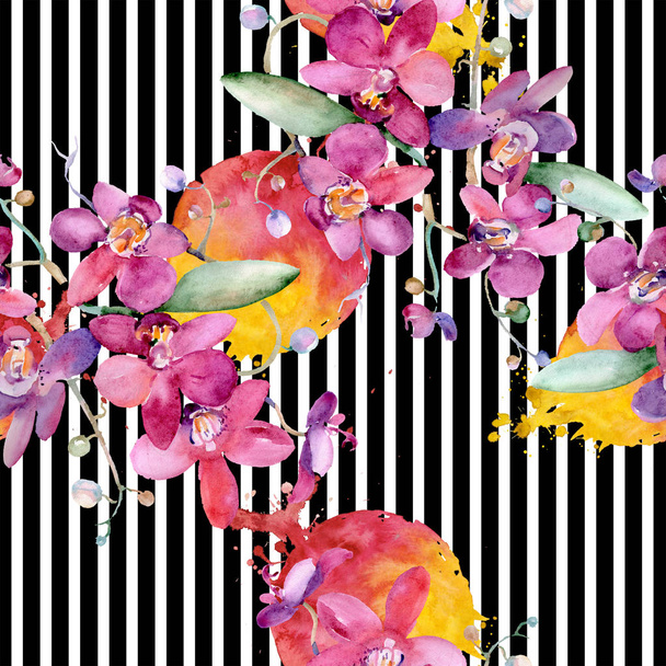ピンクの蘭の花束花植物の花。水彩画背景イラスト セット。シームレスな背景パターン. - 写真・画像