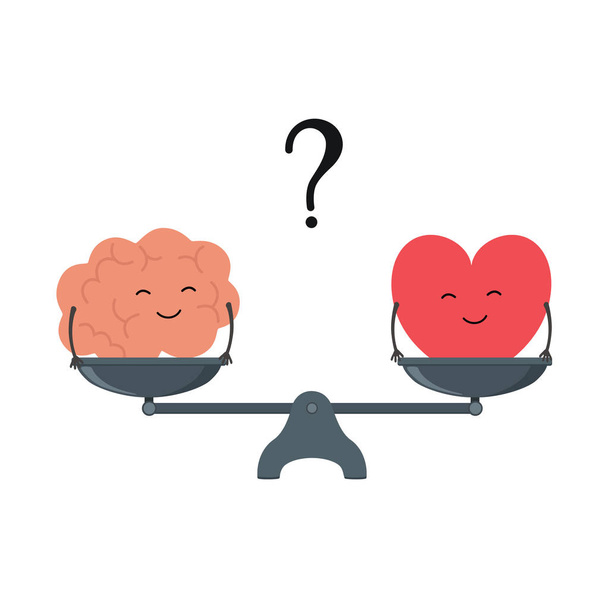 Иллюстрация понятия баланса между логикой и эмоциями. Мультфильм мозг и сердце с милыми лицами на весах. Векторная иллюстрация весов сердца или разума
. - Вектор,изображение
