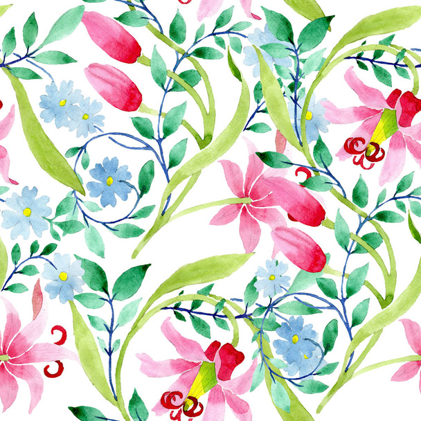 Ornament pink and blue floral botanical flowers. Watercolor background illustration set. Seamless background pattern. - Photo, Image