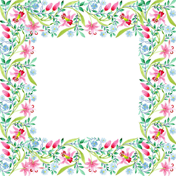 Ornament pink and blue floral botanical flowers. Watercolor background illustration set. Frame border ornament square. - Фото, изображение