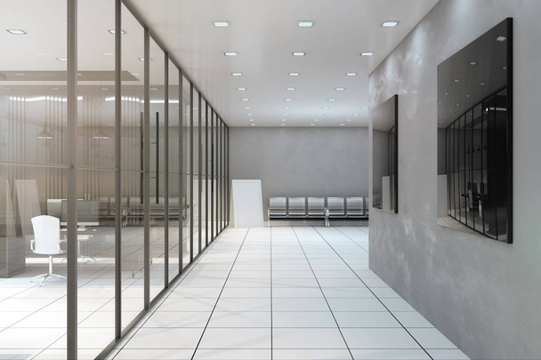 Světlé kanceláře koridor interiéru s prosklenou stěnou, nábytku a vybavení. 3D vykreslování  - Fotografie, Obrázek