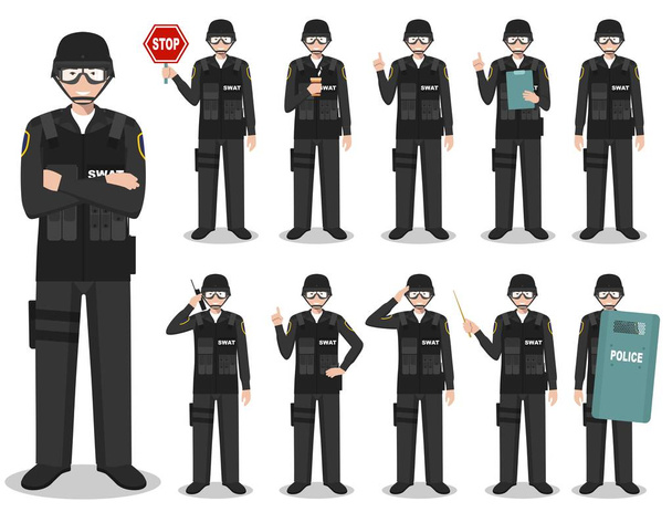 警察の人の概念。アメリカの警官、保安官、白い背景で隔離のフラット スタイルでさまざまなポーズで立っている Swat の役員の詳細図。ベクトル図. - ベクター画像