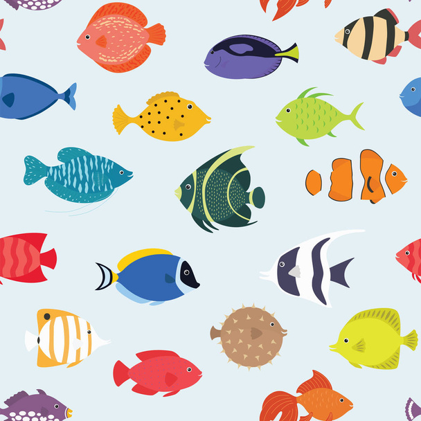 Varrat nélküli mintát halakkal. Kézzel rajzolt víz alatti világ. Színes művészeti háttér. Akvárium. Alkalmas tapéta, textil, csomagolás, kártya fed - Vektor, kép