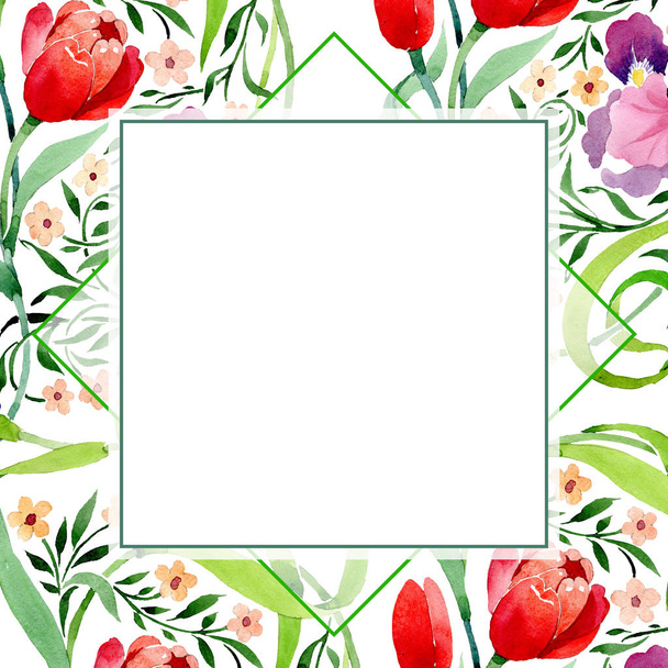 Ίριδες και τουλίπες βοτανικό λουλούδι στολίδι. Ακουαρέλα φόντο εικόνα σύνολο. Πλαίσιο συνόρων στολίδι τετράγωνο. - Φωτογραφία, εικόνα