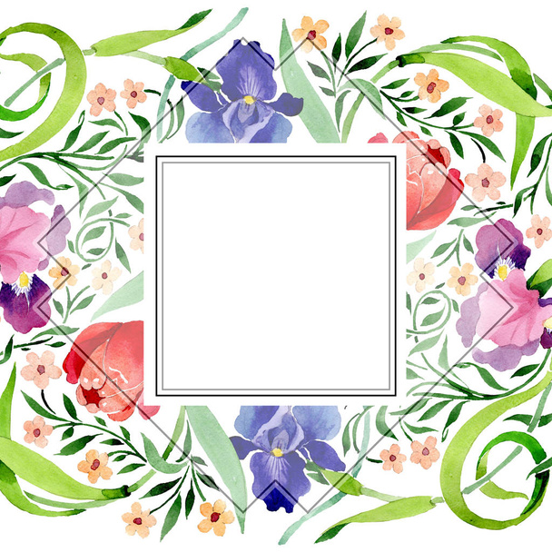 Irises and tulips ornament botanical flower. Watercolor background illustration set. Frame border ornament square. - Fotó, kép