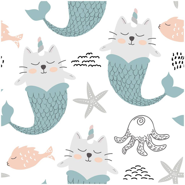 かわいいユニコーン猫人魚。ファブリックの幼稚なシームレス パターン繊維。ベクトル図 - ベクター画像
