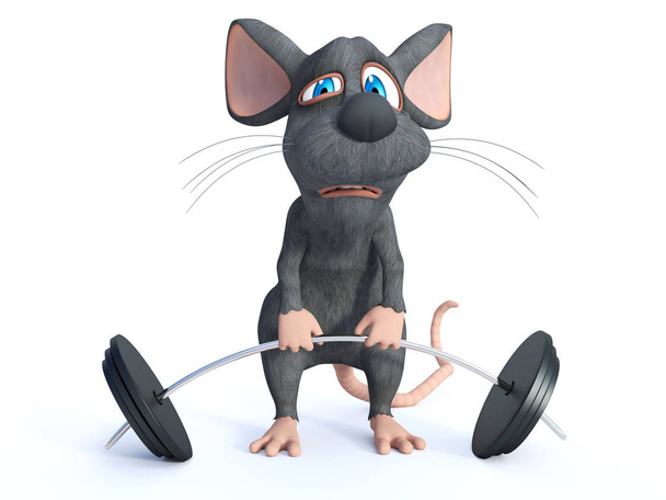 3D візуалізація милою мультиплікаційною мишкою, яка намагається підняти штангу. Він виглядає занадто важким. Білий фон
. - Фото, зображення