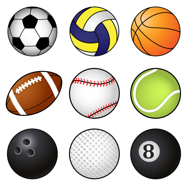 Колекція дев'яти кольорових спортивних м'ячів
 - Вектор, зображення