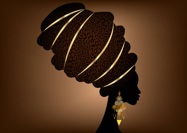 Porträt schöne afrikanische Frau in traditionellem Turban, Kente-Kopftuch, Kardashiki-Druck, schwarzer afroamerikanischer Frauen-Vektor-Silhouette afrikanischer Batik, ethnischer Leoparden-Dekorationstuch, Frisurenkonzept-Logo - Vektor, Bild