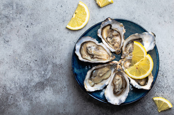 Set de media docena de ostras frescas abiertas en cáscara con cuñas de limón servidas sobre plato azul rústico sobre fondo de piedra gris, de cerca, vista superior, espacio para texto
 - Foto, Imagen