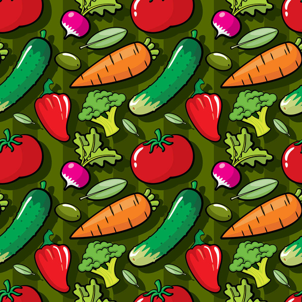 Vegetables on green background, vegetables seamless pattern, colorful seamless pattern, pattern for kitchen sign, vegetarian kitchen decor - Vector, Image