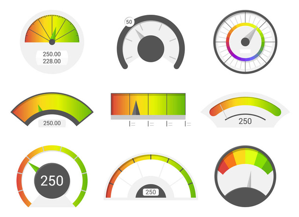 Speedometer icons. Credit score indicators. Speedometer goods gauge rating meter. Level indicator, credit loan scoring manometers vector set. - Vector, Image