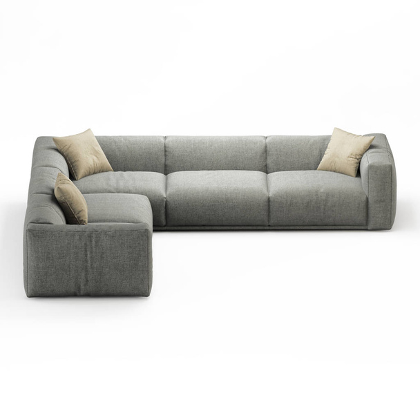 Sofá de esquina gris con almohadas sobre un fondo blanco 3D representación
 - Foto, imagen