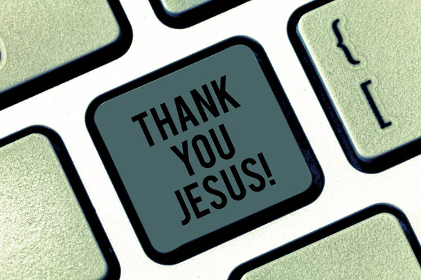 Writing note showing Thank You Jesus. Business photo showcasing Being grateful for what the Lord has given you Religious Keyboard key Intention to create computer message pressing keypad idea. - Photo, Image