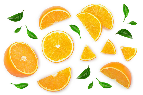 orange with leaves isolated on white background. Top view. Flat lay - Photo, Image