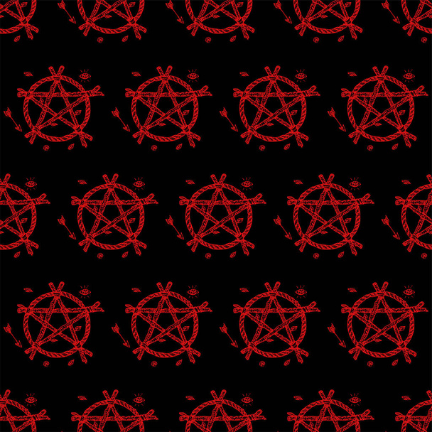 Dotwork Magic Pentagram Seamless Pattern - Vector, Image