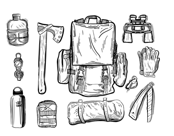 Equipment for trekking in graphic style hand-drawn vector illustration. - Vector, Image