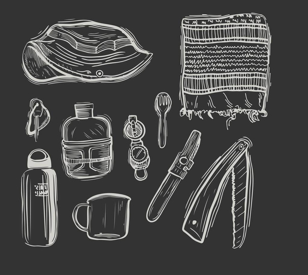 Equipment for trekking in graphic style hand-drawn vector illustration. - Vector, Image