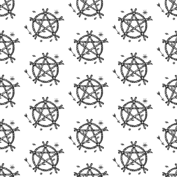 Dotwork Witch Pentagram Seamless Pattern - Vector, Image