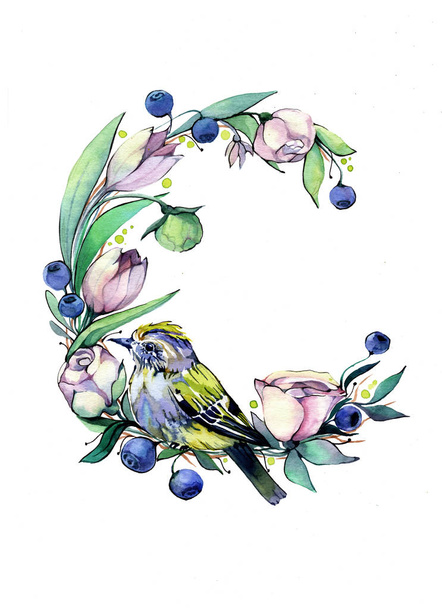  spring watercolor bird and   flowers. Floristic  decor. - Фото, изображение