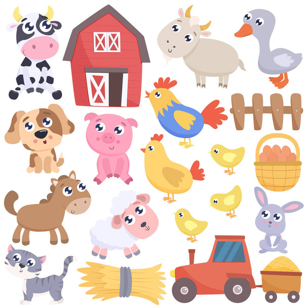 Cute farm cartoon animals and related items. Vector flat illustration. - Vector, Image