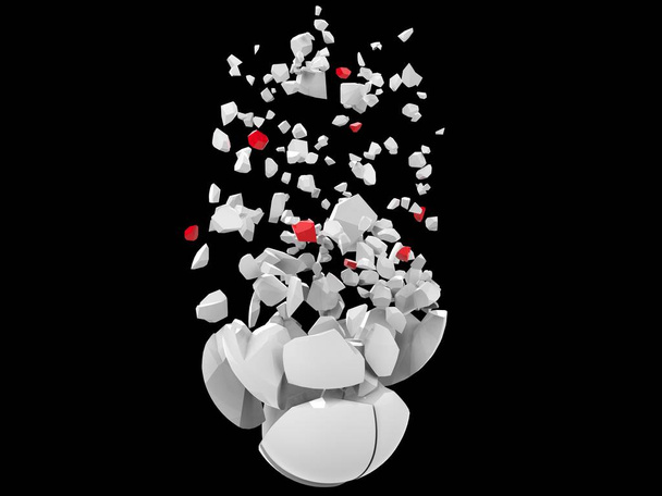 Sphère blanche fracturée et éclatée - morceaux blancs et rouges tombant
 - Photo, image