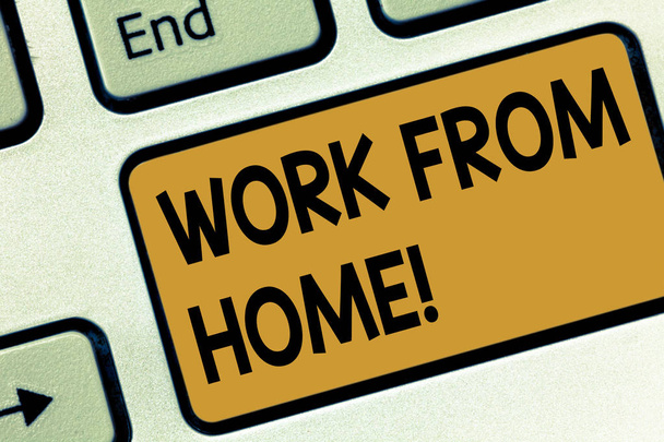 Text sign showing Work From Home. Conceptual photo Freelance job working on your house convenient technology Keyboard key Intention to create computer message pressing keypad idea. - Photo, Image