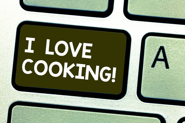 Rukopis textu, psaní I Love vaření. Pojetí znamená, že náklonnost k kulinářského umění připravit jídla a dezertů klávesová záměr vytvořit počítač zprávy stisknutí klávesy klávesnice myšlenka. - Fotografie, Obrázek