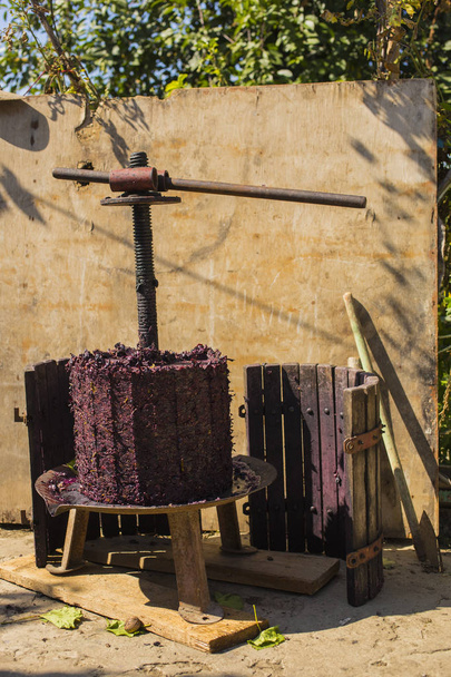 La vinificazione. Tecnologia di produzione del vino. La tradizione popolare di fare il vino. Produzione di vino in Moldavia. L'antica tradizione della lavorazione dell'uva. Lo spremiagrumi viene utilizzato per spremere il vino
.  - Foto, immagini