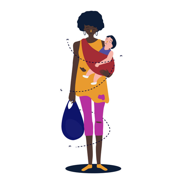 Африканская мать ребенок обнимает ее, чтобы сделать ее. Беженка, живущая в нищете
. - Вектор,изображение