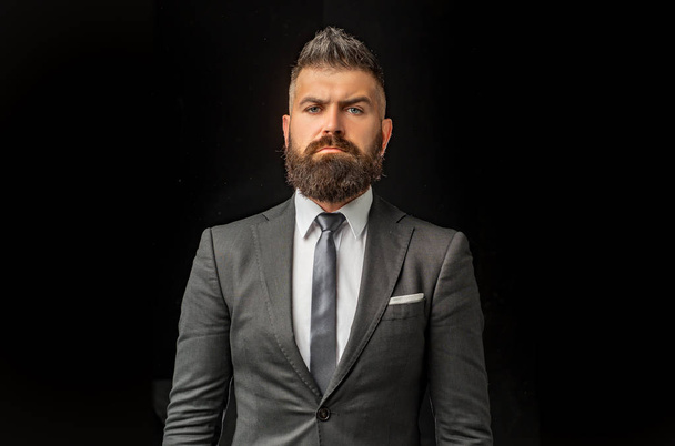 Man suit fashion. Meeting suit. Businessman in dark grey suit. Businessman in work. Top manager. - Фото, изображение