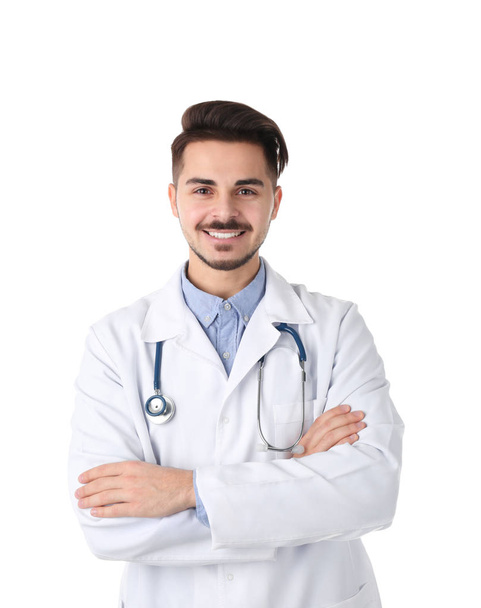 Joven estudiante de medicina en uniforme sobre fondo blanco
 - Foto, Imagen