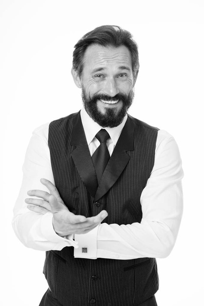 Man bearded cheerful businessman tell unbelievable story isolated white. Pleasant communication with businessman. Businessman share funny story. Amazing business news. Can you believe that - Фото, зображення