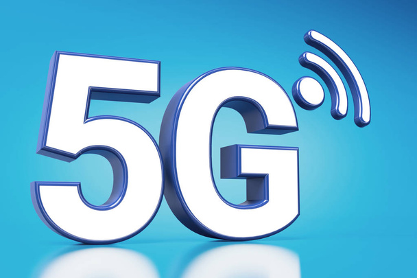 Белые буквы 5G в огромном цвете, стоящие на синем фоне с доступным копирайтом. 3D рендеринг
 - Фото, изображение