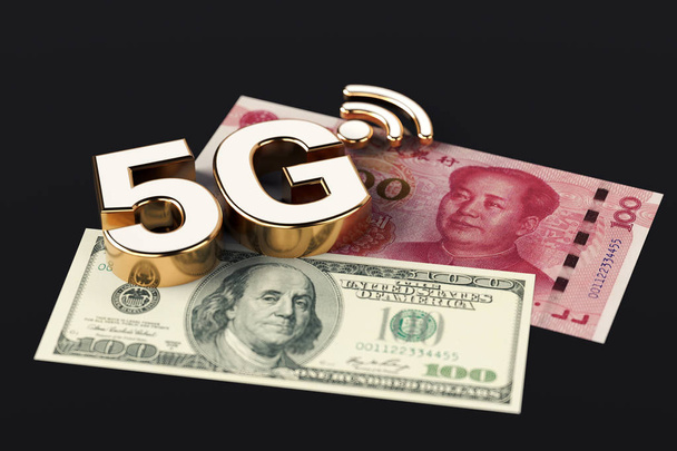 5g υψηλής ταχύτητας επικοινωνίας δικτύου σύμβολο στέκεται στο κινεζικό Γουάν και αμερικανικό δολάριο γραμμάτια απομονώνονται σε μαύρο φόντο. 3D rendering - Φωτογραφία, εικόνα