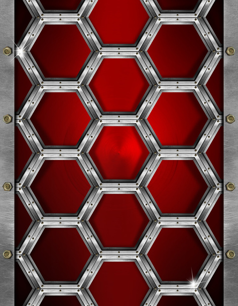 Hexagons Grunge Red and Metal Background - Photo, Image