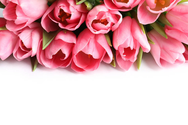 Beautiful spring tulips on white background. International Women's Day - Photo, Image