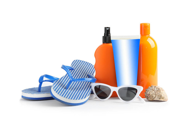 Composition with sun protection products on white background. Body care - Valokuva, kuva