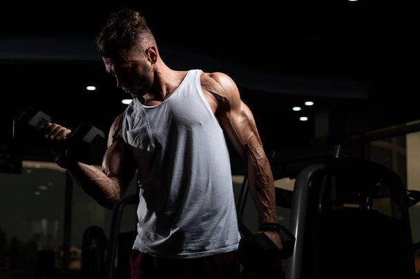 Man Working Out Biceps In A Gym - Dumbbell Concentration Curls - Fotoğraf, Görsel