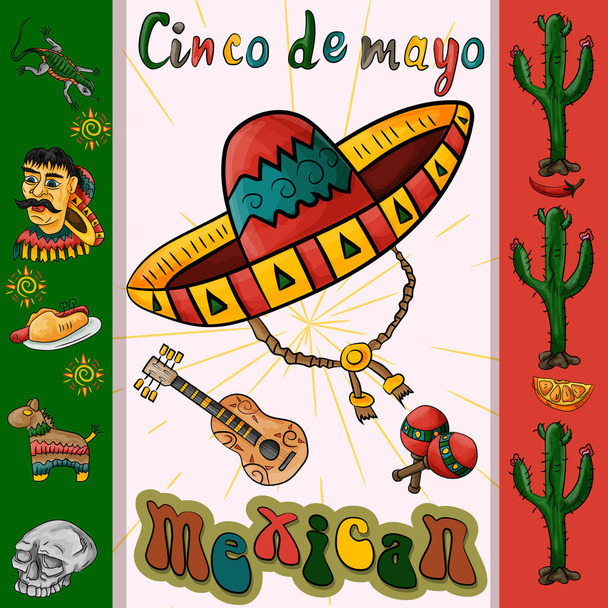 ilustração vetorial do design do adesivo da bandeira sobre o tema mexicano da celebração Cinco de maio todos os elementos em uma camada separada
 - Vetor, Imagem