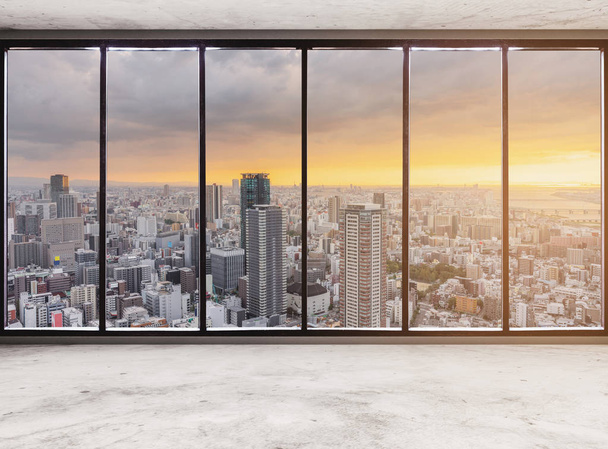 leerer moderner Innenraum mit Wolkenkratzer-Blick auf die Stadt im Sonnenuntergang, leerer Büroinnenraum - Foto, Bild