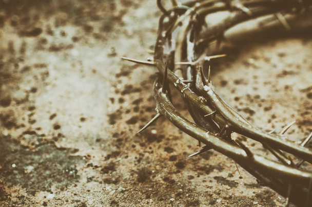 Jesus Crown of Thorns on the Grunge Background. Vintage Retro Effects Added. - 写真・画像