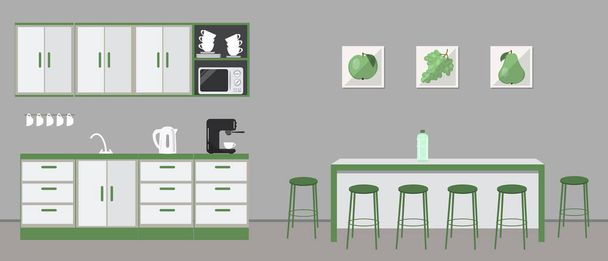 Biuro kuchnia. Jadalnia w biurze. Istnieją, szafki kuchenne, stół, zielone krzesła, kuchenka mikrofalowa, czajnik, kubki i ekspres do kawy na obrazie. Tam są zdjęcia z zielone owoce na ścianie - Wektor, obraz