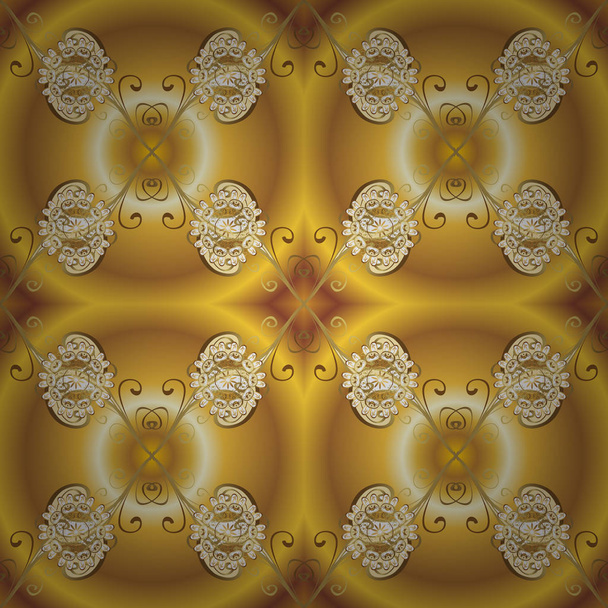 Varrat nélküli texturált fürtök. Keleti stílusú arabesques arany minta egy sárga és barna színekben arany elemekkel. Arany vektoros mintát. - Vektor, kép