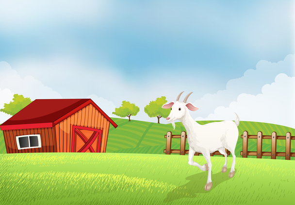 Una cabra en la granja con una casa de madera en la parte posterior
 - Vector, imagen