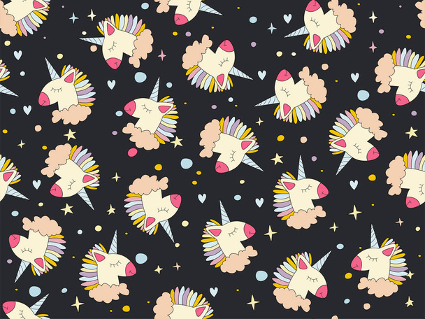 Hand drawn seamless vector pattern with cute unicorns, clouds and stars. Cute hand drawn unicorn vector pattern with rainbow mane and green clouds. Magical positive little girl seamless pattern with - ベクター画像