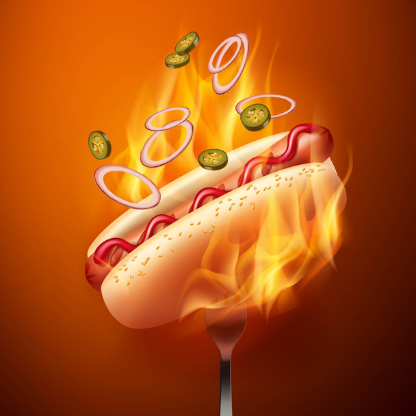 Vektor-Illustration von Hot Dog mit Grillwurst in Brötchen mit Sesam und fallenden Jalapenos und Zwiebeln auf Gabel im Feuer - Vektor, Bild