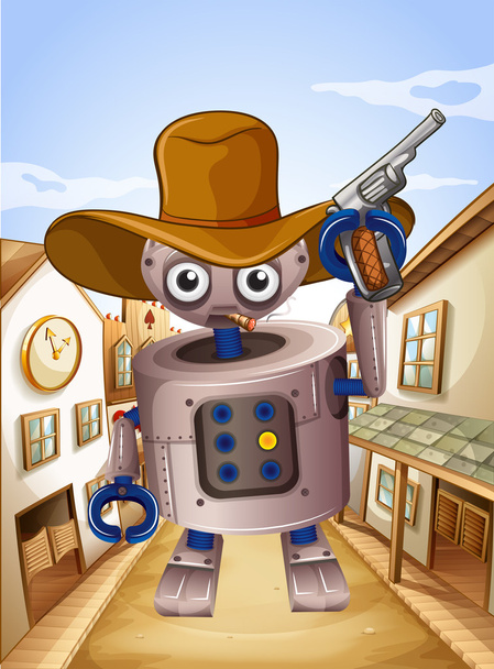 A robot wearing a hat and holding a gun - Vector, Image
