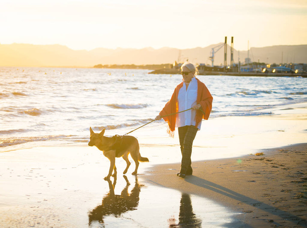 Beautiful retired older woman and pet german shepard dog walking along the shore sea ocean on beach in Companionship Benefits of animals Keeping active Retirement lifestyle and Dog friendly tourism. - Zdjęcie, obraz