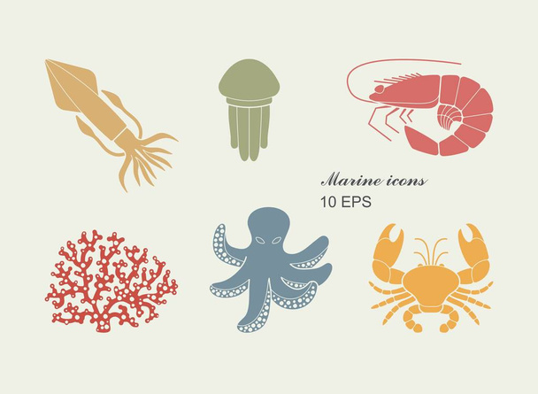 Sammlung von Ikonen von Meeresbewohnern im flachen Stil - Vektor, Bild